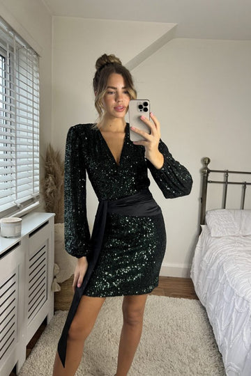 Daphne Sequin Wrap Dress in Green SlayTwins